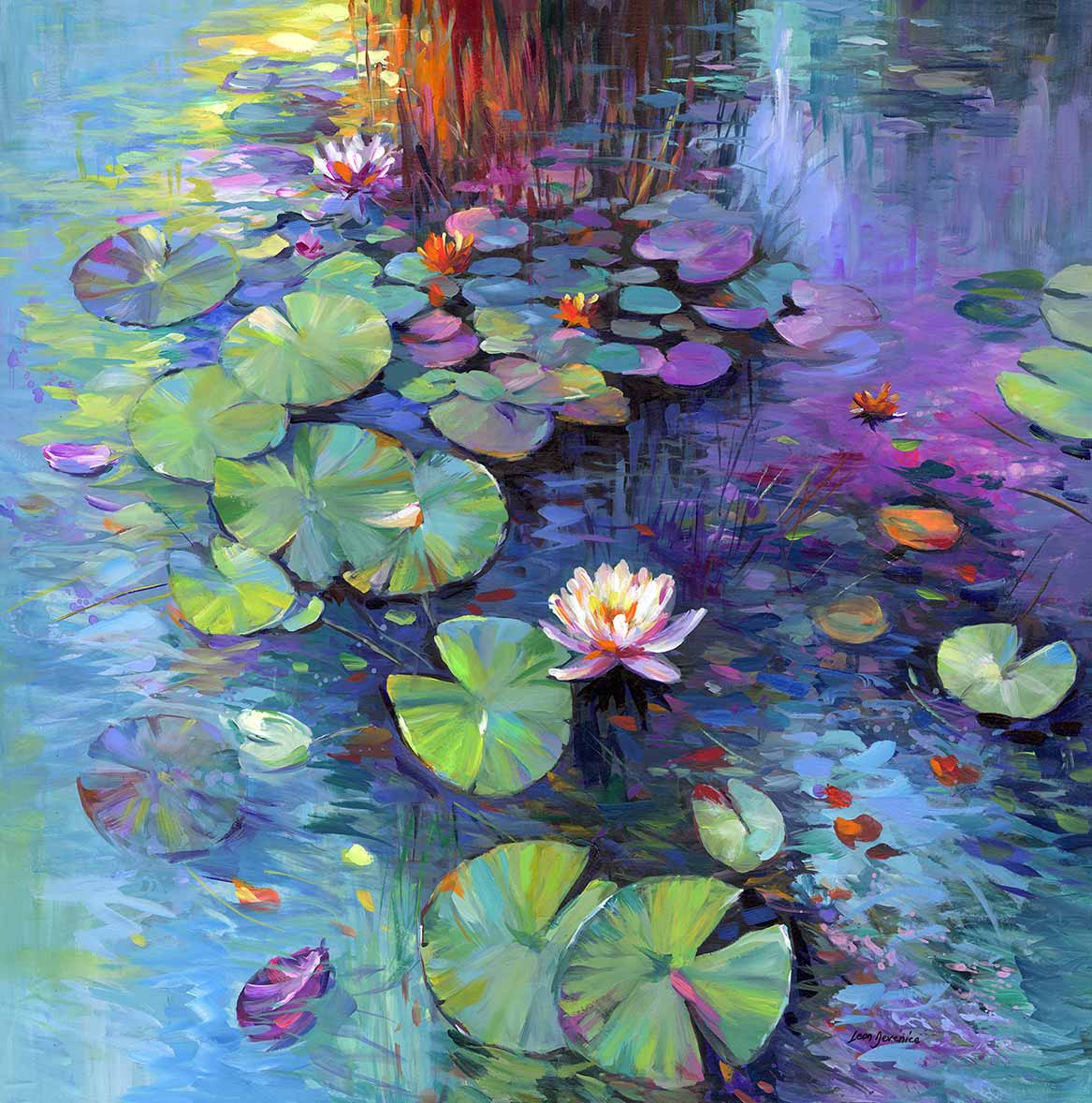 colorful water lilies on a pond painting 