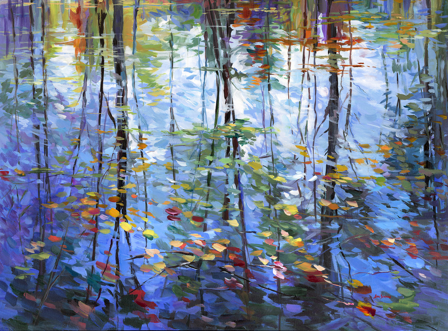 Impressionistic Reflection of Autumn Trees and Leaves on Water