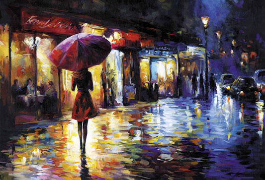 lady with red umbrella painting, rainy city painting