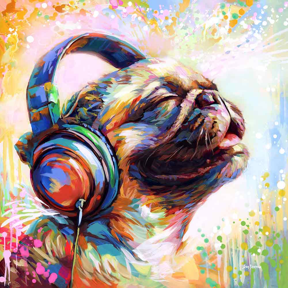 Pug wearing headphones art