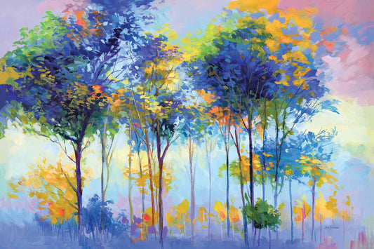 Abstract forest landscape painting with sunlit trees by Leon Devenice 