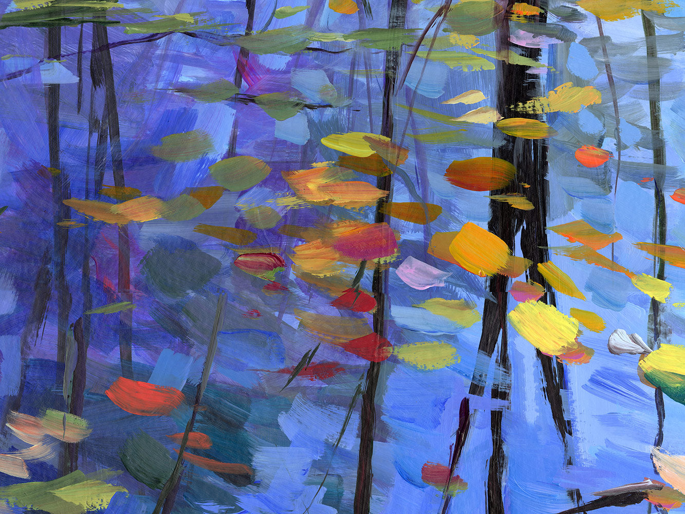 Impressionistic Reflection of Autumn Trees and Leaves on Water