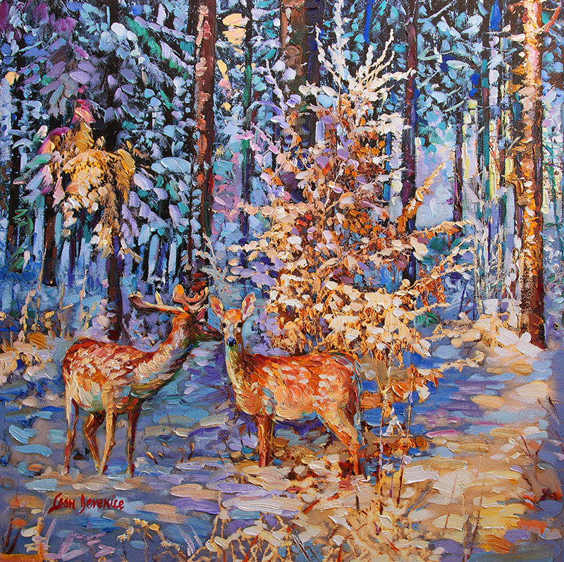 Painting of deer in winter 