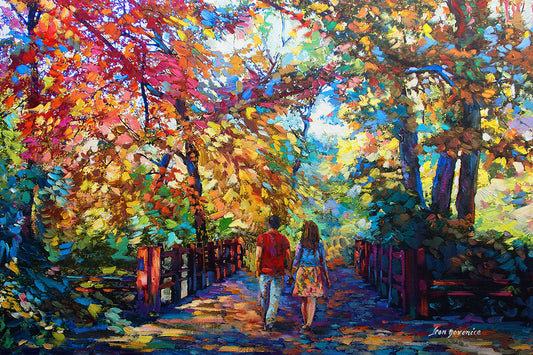romantic painting of a couple walking in the park 