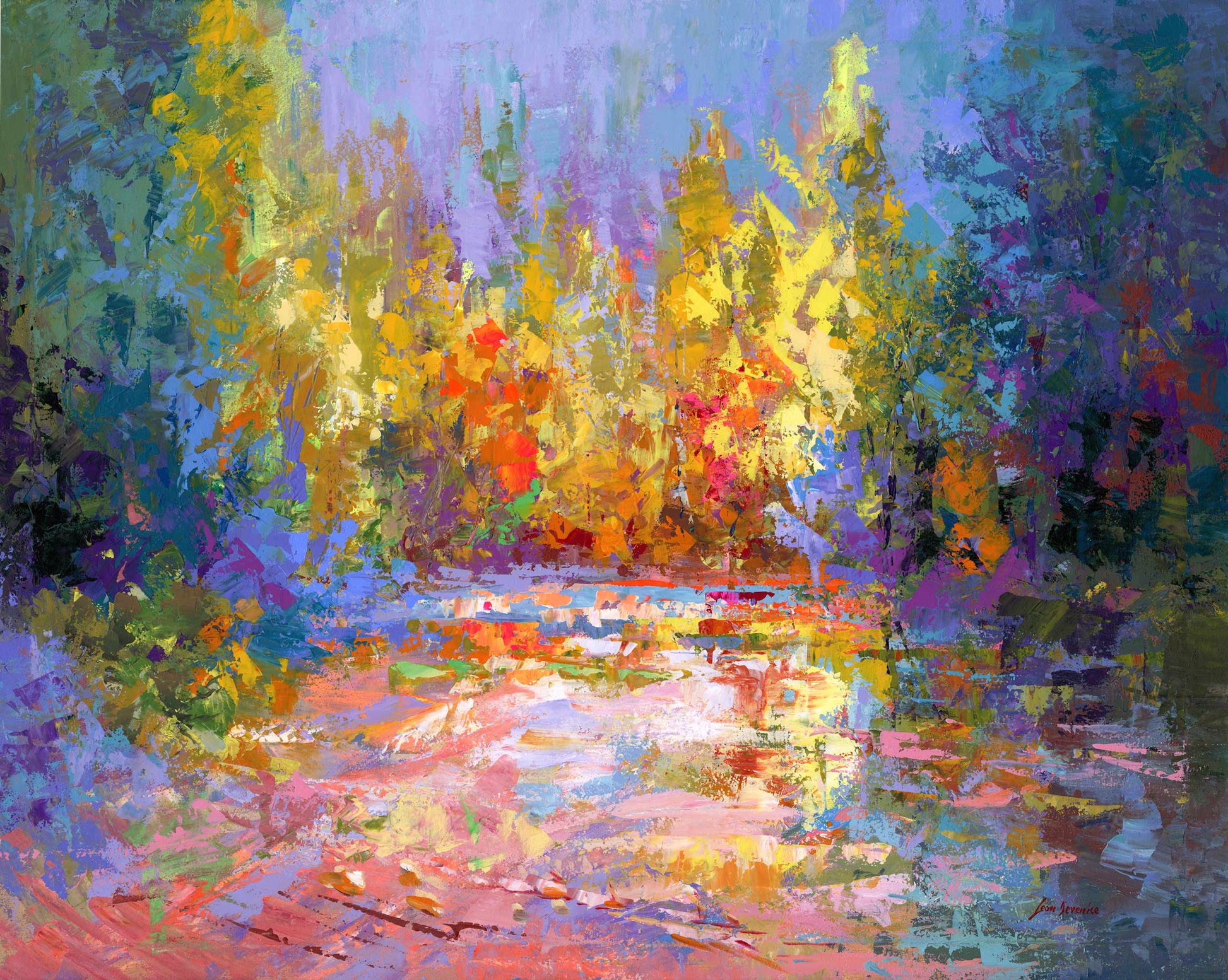 Abstract landscape painting, Colorful autumn forest