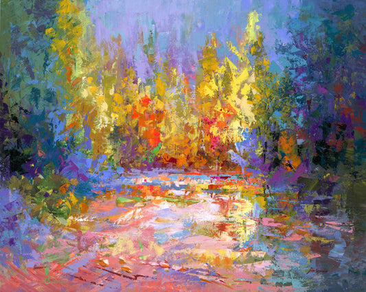 Abstract landscape painting, Colorful autumn forest