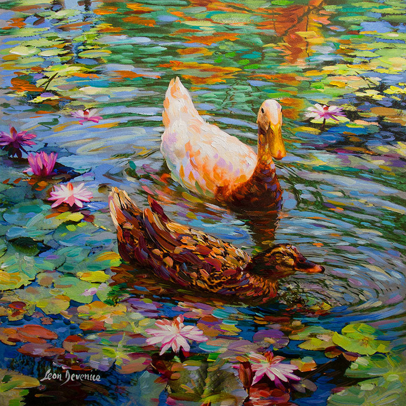 Painting of ducks swimming on lily pond lake 