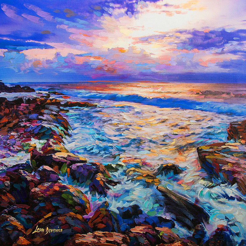 Ocean painting of waves crashing on a rocky coastline 