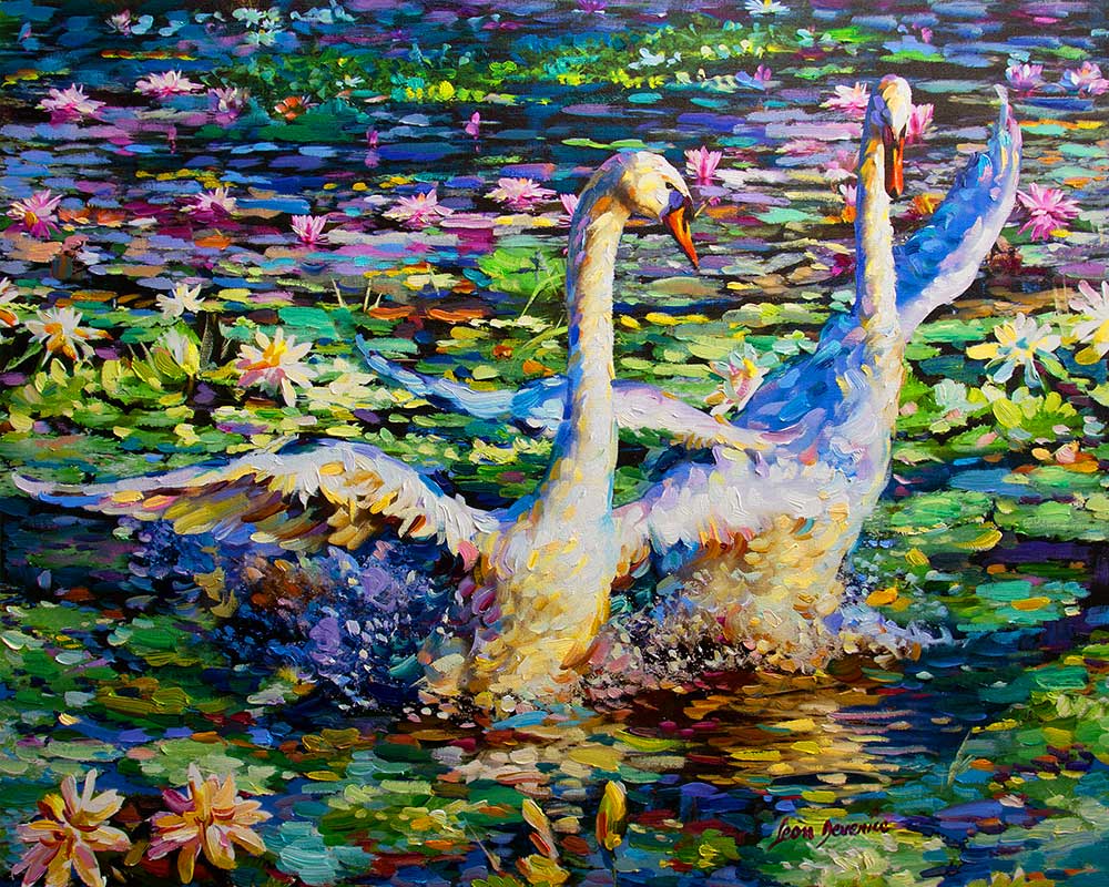 Oil painting of swans swimming on lily pond 
