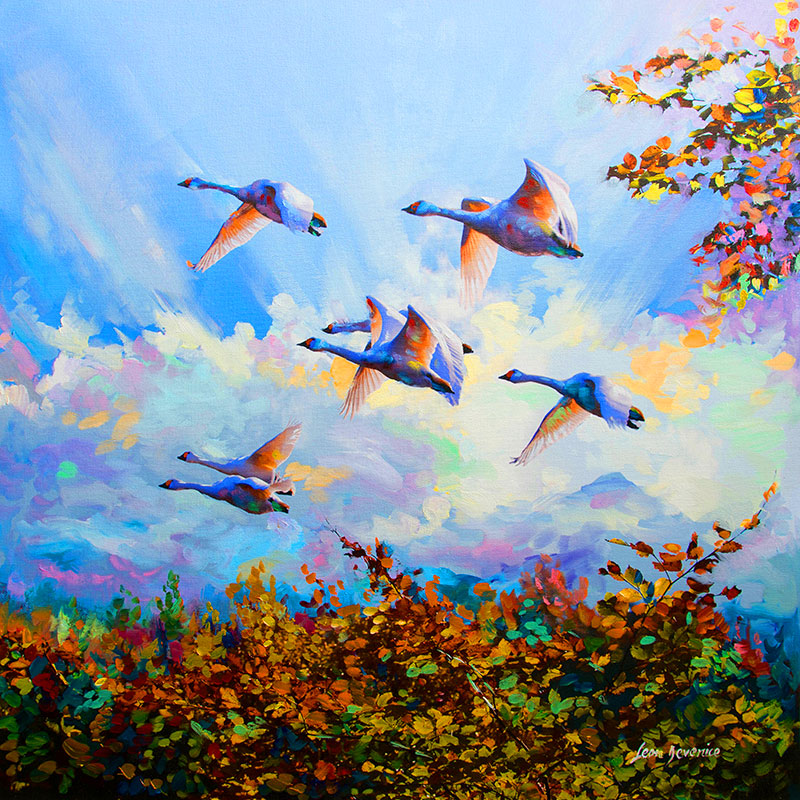 swans flying , oil painting 