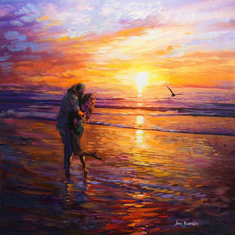 sunset painting of couple kissing on the beach 