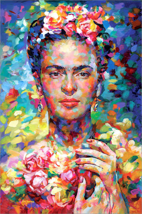 Frida Kahlo holding flowers painting by Leon Devenice