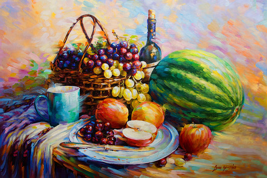 Still life painting with fruits and wine 