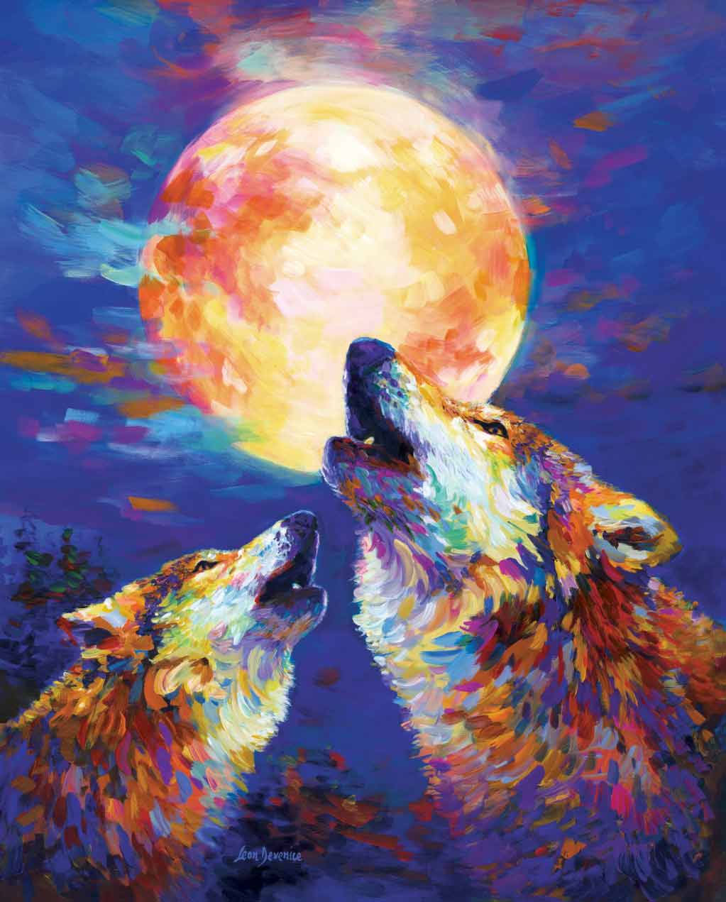 painting of wolves howling at the full moon