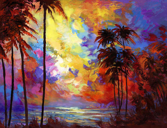 Tropical sunset with palm trees painting 