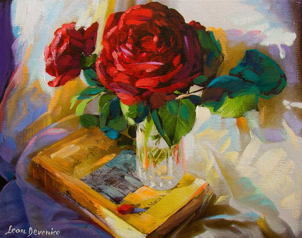 painting of a vase of flowers on a book