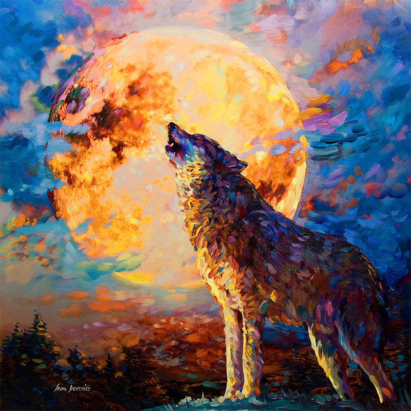 painting of a wolf howling at the full moon