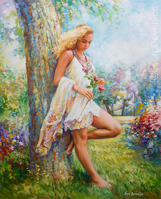 girl holding roses near a tree 
